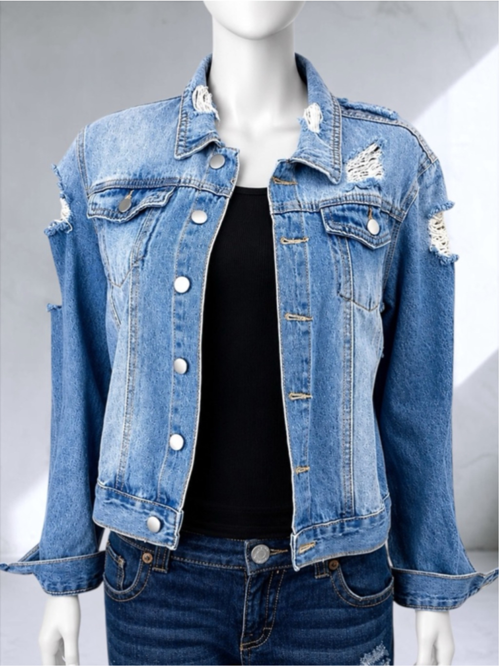 Distressed Blue Ripped Button-Up Denim Jacket – Size 8 - Picture 4 of 12